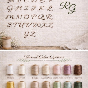 May include: Image showcasing embroidery options. The top section displays the alphabet in a cursive font, with the letters A through Z. The bottom section presents thread color options, including white, beige, pink, and brown.