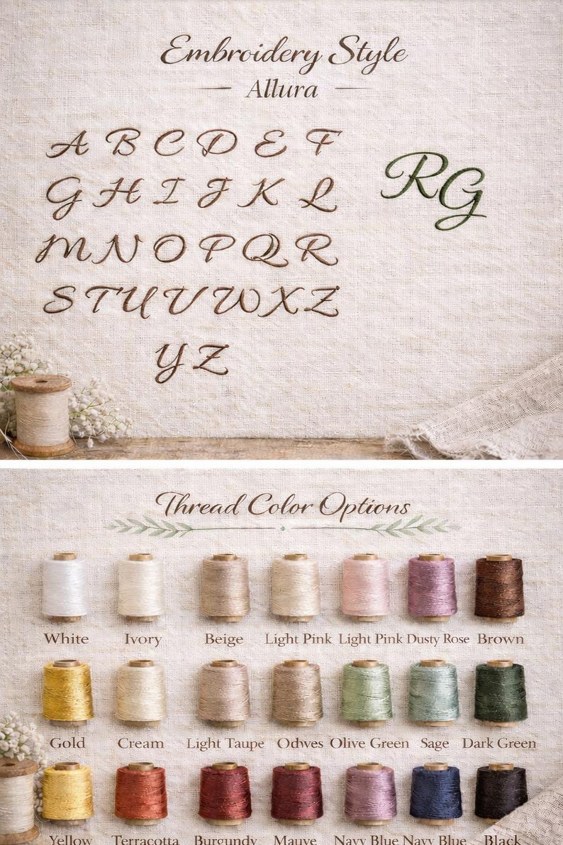 May include: Image showcasing embroidery options. The top section displays the alphabet in a cursive font, with the letters A through Z. The bottom section presents thread color options, including white, beige, pink, and brown.