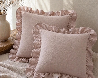 Natural Linen Euro Sham with Ruffles, Linen Throw Pillow Cover, Linen Home Textiles, French Country Home-Decor, Square Linen Pillowcase