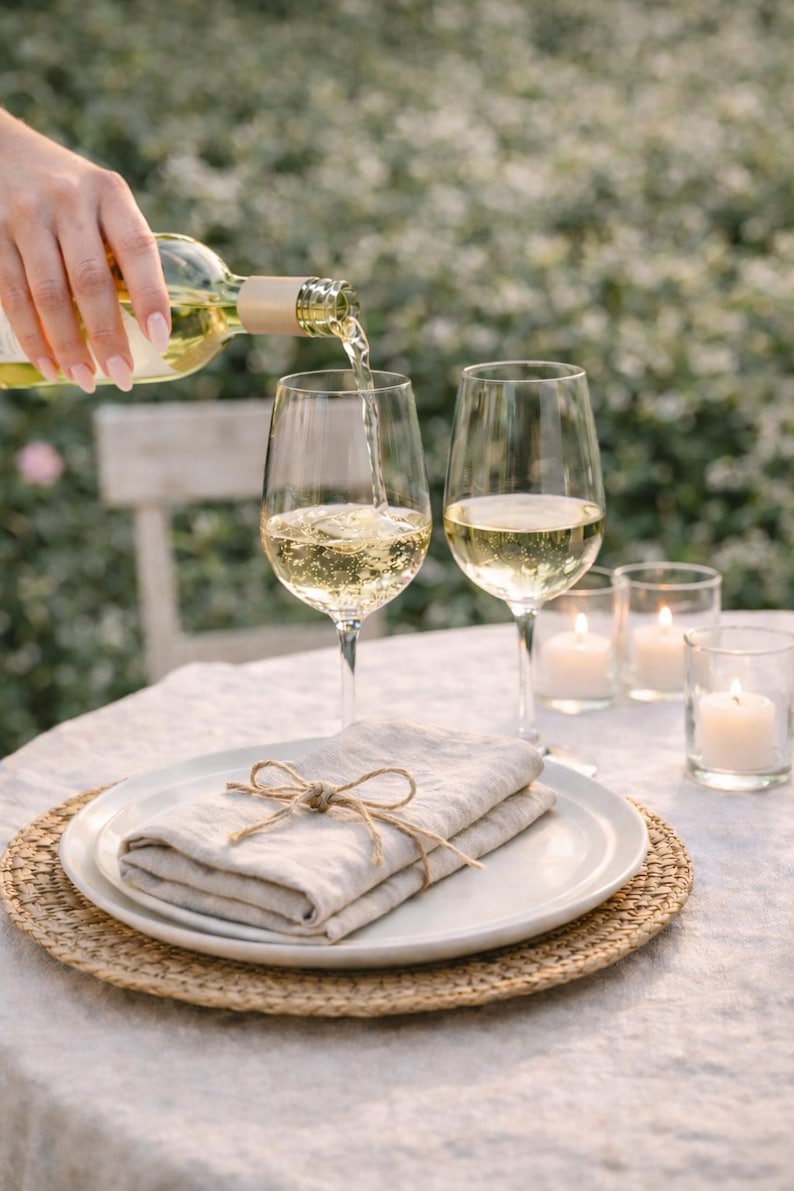 May include: A bottle of white wine being poured into a wine glass. Two wine glasses are filled with wine. A white plate with a folded linen napkin tied with twine sits on a woven placemat. Lit candles in glass holders are on the table.