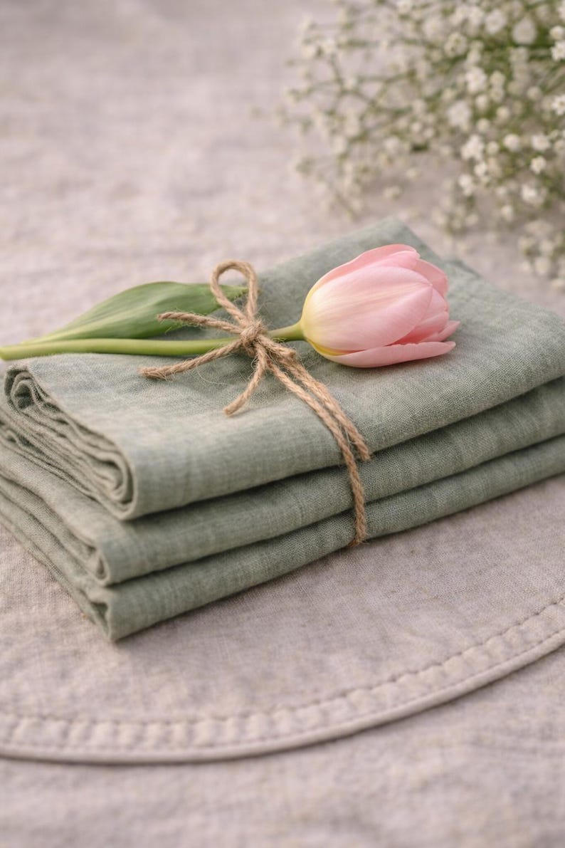 May include: A stack of sage green linen napkins tied with twine, topped with a pink tulip. The napkins are neatly folded, suggesting a focus on home decor or table settings. The soft colors and natural elements create a serene and inviting aesthetic.