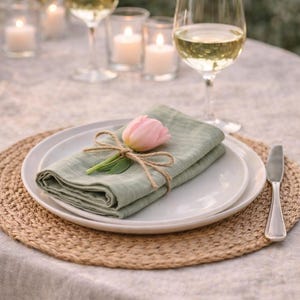 May include: A table setting with a white plate, sage green linen napkin tied with twine, and a pink tulip. A wine glass with white wine and lit candles are in the background. A woven placemat and a silver knife complete the scene.