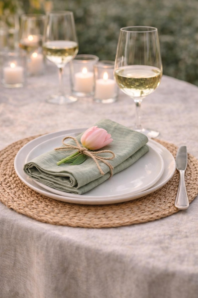 May include: A table setting with a white plate, sage green linen napkin tied with twine, and a pink tulip. A wine glass with white wine and lit candles are in the background. A woven placemat and a silver knife complete the scene.