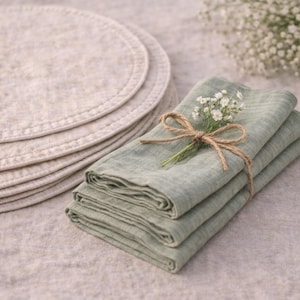 May include: A stack of light green linen napkins tied with twine and adorned with small white flowers. Several beige placemats are stacked in the background. The items are arranged on a neutral-colored linen surface.