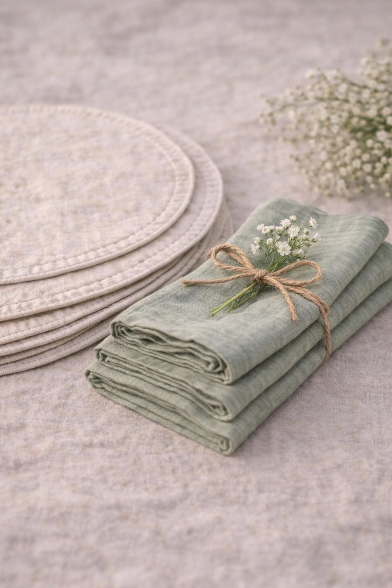 May include: A stack of light green linen napkins tied with twine and adorned with small white flowers. Several beige placemats are stacked in the background. The items are arranged on a neutral-colored linen surface.