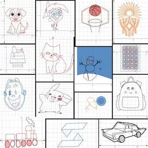 May include: A collection of twelve distinct line art illustrations plotted on coordinate grids. The images include a puppy, a cartoon character, a basketball hoop, a sunburst, a dog on a house, a cat, a snowman, geometric circles, a face, a yellow creature, a backpack, a train, shapes, and a car.