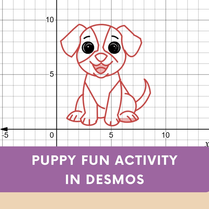 May include: A red line drawing of a puppy on a graph background. The puppy has large black eyes and a smiling mouth. Below the puppy is a purple banner with the text "PUPPY FUN ACTIVITY IN DESMOS".