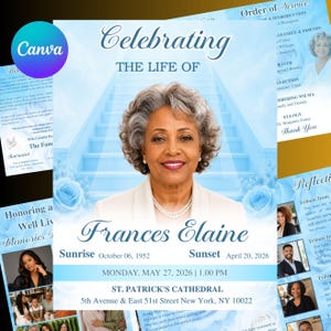 Light Blue Roses Funeral Program Template | Celebration of Life Memorial Booklet (Digital Download)