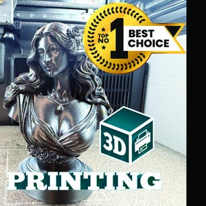 May include: A silver-colored bust of a woman with long, wavy hair, a necklace, and a draped garment. The bust is labeled "3D PRINTING" and is accompanied by a "Best Choice" badge and a 3D printing logo.