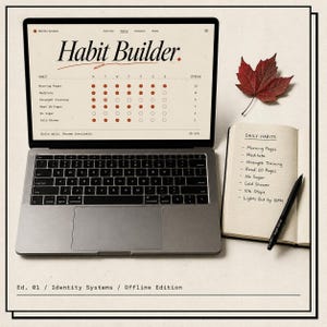 May include: A laptop displaying a "Habit Builder" interface, with a notebook and pen beside it. The notebook lists daily habits. A red maple leaf rests nearby. The laptop screen shows a habit tracker with check boxes.