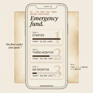 Puede incluir: Captura de pantalla de un smartphone que muestra un gráfico de "Fondo de emergencia" con tres niveles: Inicial (1.000 $), Tres meses (15.000 $) y Seis meses (30.000 $). También se ve el texto "la base de tus objetivos".