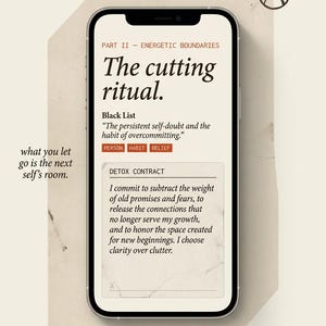 Puede incluir: Una pantalla de teléfono inteligente muestra texto sobre superación personal, titulado "The cutting ritual". La pantalla está sobre un fondo beige con texto adicional y un logotipo circular. La imagen incluye las frases "Detox Contract" y "Black List".