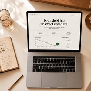 Puede incluir: Un ordenador portátil muestra una calculadora de pago de deuda con el texto "Su deuda tiene una fecha de finalización exacta". La pantalla muestra un gráfico del progreso de los pagos y el ahorro de intereses. Un cuaderno, un bolígrafo y un vaso están sobre la mesa.