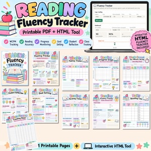 May include: A Reading Fluency Tracker set featuring a printable PDF and an interactive HTML tool. The collection includes various colorful tracking sheets for reading progress, accuracy, goals, student reflection, and class monitoring with icons of books and apples.
