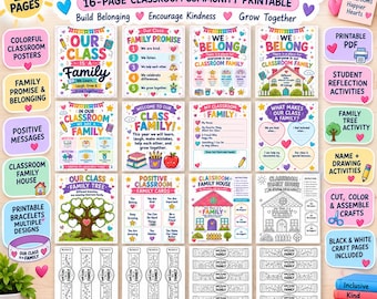 May include: A 16-page classroom community printable set titled Our Class Is A Family, featuring colorful posters, family promise sheets, student reflection activities, a family tree, classroom family house crafts, and black and white bracelets.