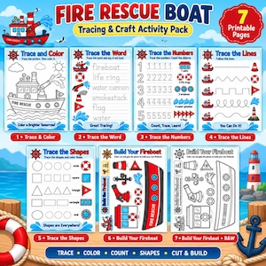 Op de afbeelding: Een brandweerboot-activiteitenpakket met zeven printbare pagina's voor tekenen en knutselen. De set bevat werkbladen voor het overtrekken van woorden, cijfers, lijnen en vormen, plus twee projecten om een eigen brandweerboot te bouwen.