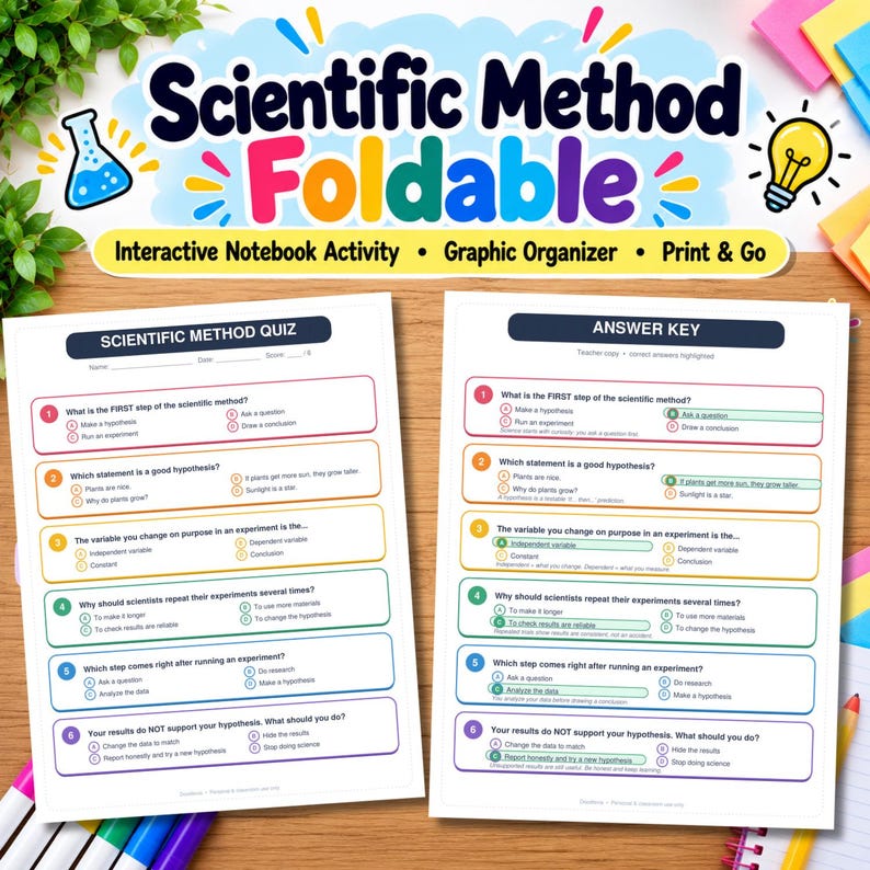 May include: A printable educational resource titled Scientific Method Foldable, featuring a quiz and an answer key. The documents contain six multiple-choice questions about the scientific method, with colorful borders and icons of a flask and lightbulb.