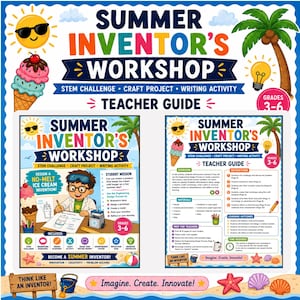 Może przedstawiać: Przewodnik nauczyciela do warsztatów Summer Inventor's Workshop dla klas 3-6, zawierający wyzwania STEM, projekty plastyczne i ćwiczenia z pisania. Dokument zawiera misję ucznia, przegląd, instrukcje, listy materiałów i cele nauczania.