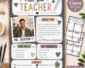 May include: A clipboard featuring a Meet Your Teacher template with a black and white star pattern border. The document includes sections for a photo of Mr. Jackson, About Me, Fun Facts, My Favorites, and Contact information with icons and text.