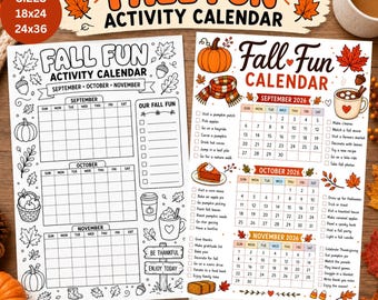 Fall Fun Activity Calendar 2026 | Printable Fall Bucket List Wall Calendar for Kids & Family | September October November | 18x24 24x36