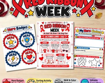 Red Ribbon Week Activities Printable, Drug Free Wristbands, Hero Badges, Pledge Cards, Spirit Week Flyer, Editable Canva Template