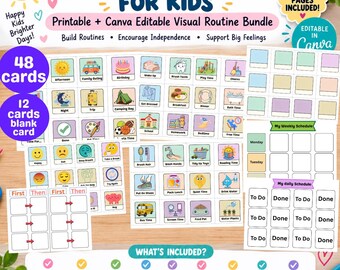 Kids Visual Schedule Cards, Canva Editable Daily Routine & Feelings Cards, Autism Special Needs Printable, Toddler Planner