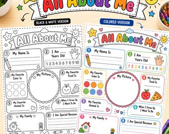 All About Me Poster, PreK Kindergarten About Me Kids Sheet, Printable Classroom Craft, Pre-K All Custom About Me PDF Activity