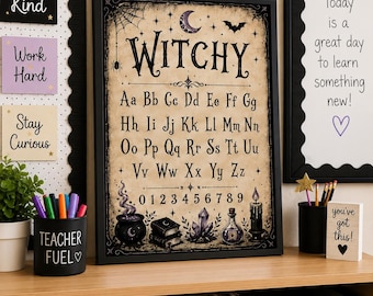 Witchy Alphabet Printable Wall Art, Gothic  ABC Poster, Witch Decor Instant Download, Spooky Nursery Classroom Sign PDF PNG