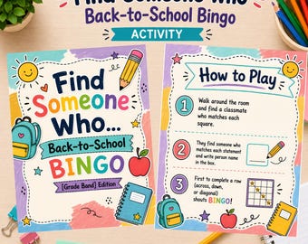 Human Bingo Find Someone Who Game, Back to School Classroom Ice breaker games Printable, PreK-8 Meet Your Classmates Activity, First Day
