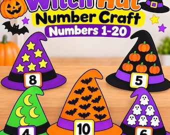 Fall Witch Hat Number Craft, Numbers 1-20 Counting Activity, Math Craft, Preschool Kindergarten Printable, Number Recognition