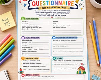 Parent Questionnaire for Teachers, Back to School Parent Survey, Teacher Printable, Classroom Forms, Student Information Sheet