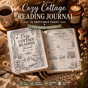 May include: A printable reading journal titled Cozy Cottage Reading Journal with 31 pages. The cover features black and white line art of books, mushrooms, and flowers. The interior page includes sections for favourite genres, authors, and reading habits.