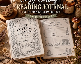 May include: A printable reading journal titled Cozy Cottage Reading Journal with 31 pages. The cover features black and white line art of books, mushrooms, and flowers. The interior page includes sections for favorite genres, authors, and reading habits.