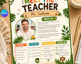 Meet the Teacher Editable Template, Boho Jungle Classroom Newsletter, Back to School Canva Template, Get To Know teacher, teacher wish list