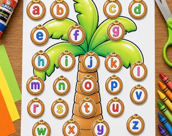 Chicka Chicka Boom Boom Alphabet Craft, Palm Tree Coconut Letter Activity, Preschool and Kindergarten Name Craft Printable & bulletin board.