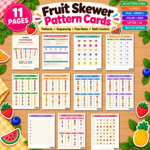 Op de afbeelding: Een set van 11 printbare pagina's getiteld Fruit Skewer Pattern Cards met 40 patroonkaarten verdeeld over 5 niveaus. De pagina's bevatten kleurrijke illustraties van fruitspiesjes, sorteeractiviteiten en oefeningen voor wiskundecentra.