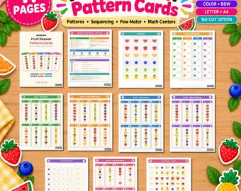 Fruit Pattern Cards Printable | Fruit Skewer Pattern Activity | Preschool Math Center | Pattern Sequencing | PreK Kindergarten Grade 1