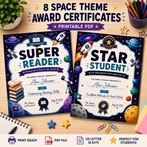 Könnte beinhalten: Zwei Auszeichnungen im Weltraum-Design mit Raketen, Planeten und Sternen. Die Zertifikate tragen die Aufschrift "Super Reader" und "Star Student" mit Text für den Namen und das Datum des Empfängers. Für hervorragende Lesefähigkeiten und Einstellung.