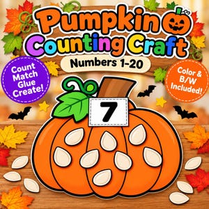 Puede incluir: Una actividad educativa Pumpkin Counting Craft con el texto Pumpkin Counting Craft Numbers 1-20. La imagen muestra una calabaza naranja con un cuadrado blanco que contiene el número 7 y varias semillas de calabaza de color claro.