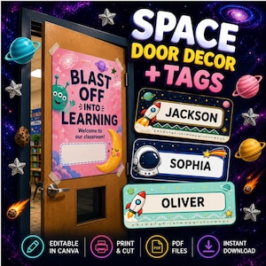 May include: Space-themed classroom door decor and name tags featuring a pink poster with a green alien and the text BLAST OFF INTO LEARNING. Includes three rectangular name tags with space graphics and the names JACKSON, SOPHIA, and OLIVER.