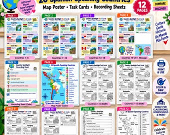 Hispanic Heritage Month 20 Spanish Speaking Countries Map Poster Task Cards Coloring Activity