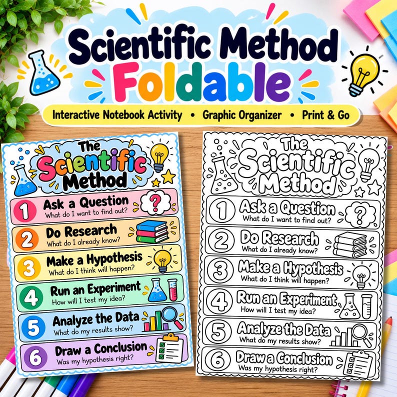 May include: A Scientific Method Foldable educational resource featuring two versions of a six-step graphic organizer. One version is in full color, and the other is a black and white line art version for coloring, both detailing steps from asking a question to drawing a conclusion.
