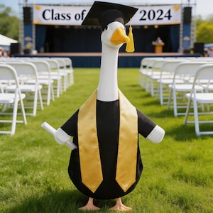 May include: A plush goose wearing a graduation cap, gown, and gold sash, holding a diploma. The goose stands on green grass in front of rows of white chairs and a stage with the text "Class of 2024".