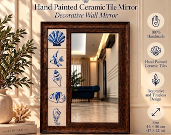 Hand Painted Ceramic Wall Mirror, Blue Seashell Fish Tiles, Rustic Wood Frame Mirror, Coastal Bathroom Decor, Nautical Beach House Accent