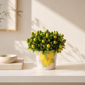 May include: A decorative potted plant with green leaves and yellow berries. The ceramic pot is white with a hand-painted lemon design. The plant sits on a white shelf with a small bowl and a framed picture in the background.
