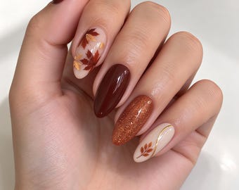 Custom Press On Nails, Fall Maple Leaf Handmade Gel Nails, Burgundy Glitter Gold Line Seasonal Fake Nails