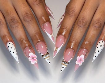 Handmade Press On Nails, Pink White Polka Dot Nails, 3D Flower Gold Rhinestone Nails
