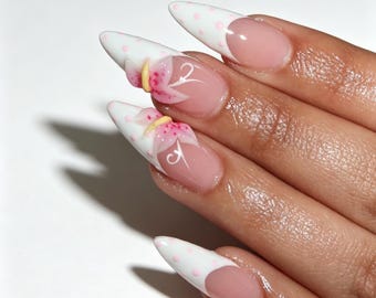 Custom Pink Polka Dot 3D Lily Floral Press on Nails, White French Tip Handcrafted Fake Nails, Sweet Kawaii Reusable Glue On Nails
