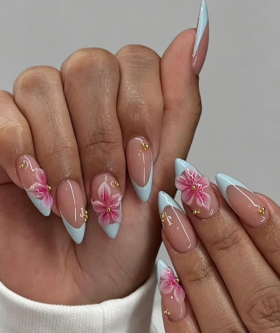 Light Blue French Tip Press On Nails | Almond Fake Nails with 3D Pink Flowers & Gold Bead Charms, Elegant Spring Reusable Acrylic Nails