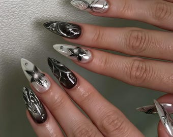 Custom Press on Nail, Dark Silver Star Design, Metallic Wire Accent, Gothic Hand‑Painted Reusable Nail Set